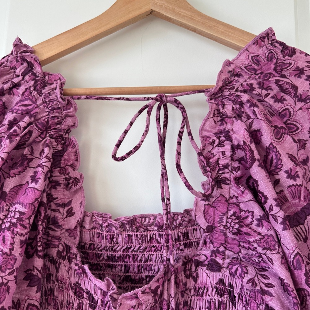Free People Purple Floral Smocked Mini Dress Balloon Sleeve Size S OB1438613 NWT - Picture 9 of 13